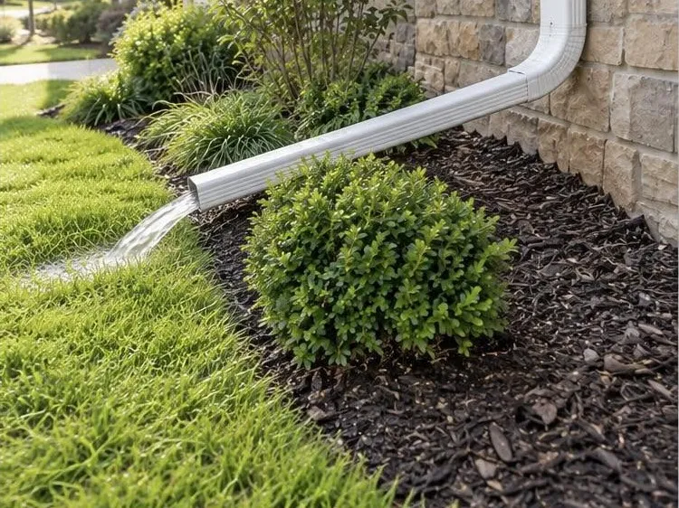 White downspout extension carrying water across a mulch bed and out onto the lawn
