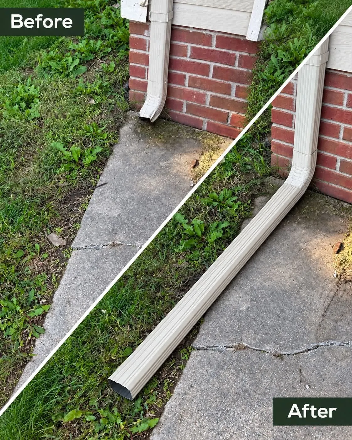 Before and after: a bare downspout by a brick wall, then the same downspout with a new extension over the concrete